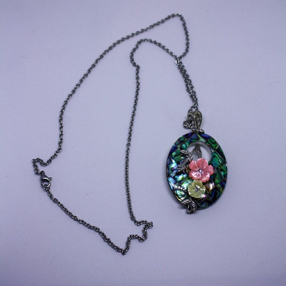 Abalone Shell Pendant Necklace Flowers Pink Silver
